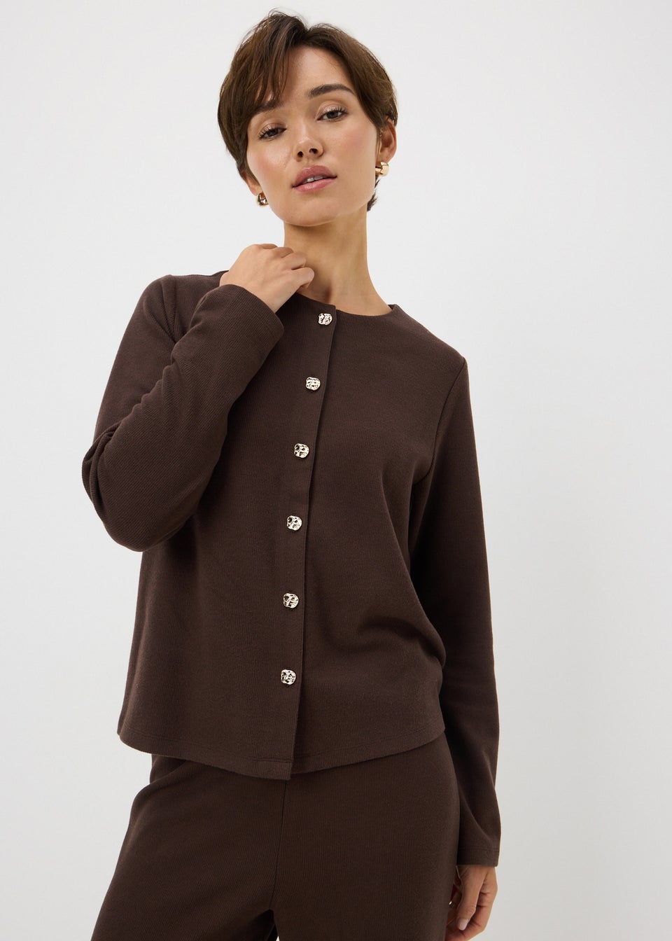 Chocolate Brown Long Sleeve Button-Thru Cardigan
