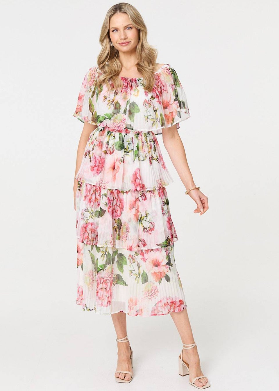 Izabel London White Floral Tiered Pleated Midi Dress