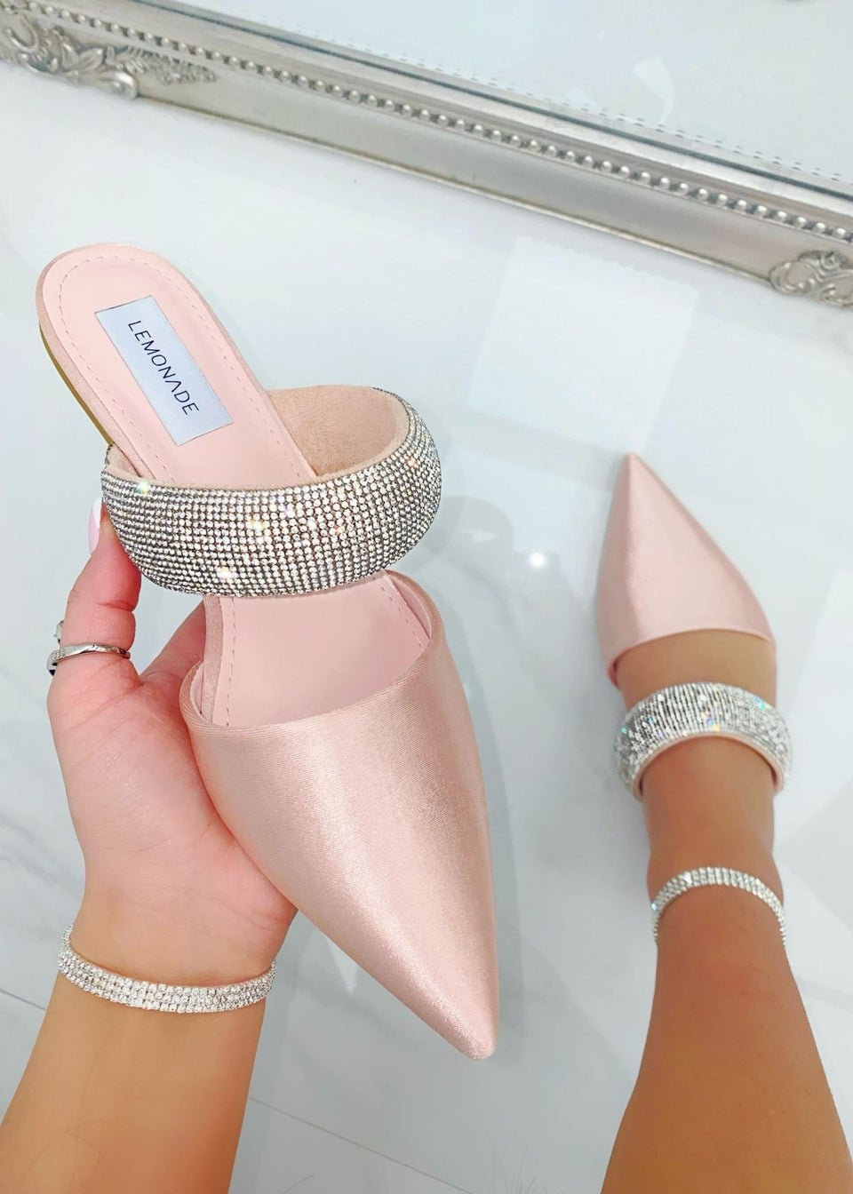 Love Lemonade Pink Crystal Strap Pointed Toe Sliders