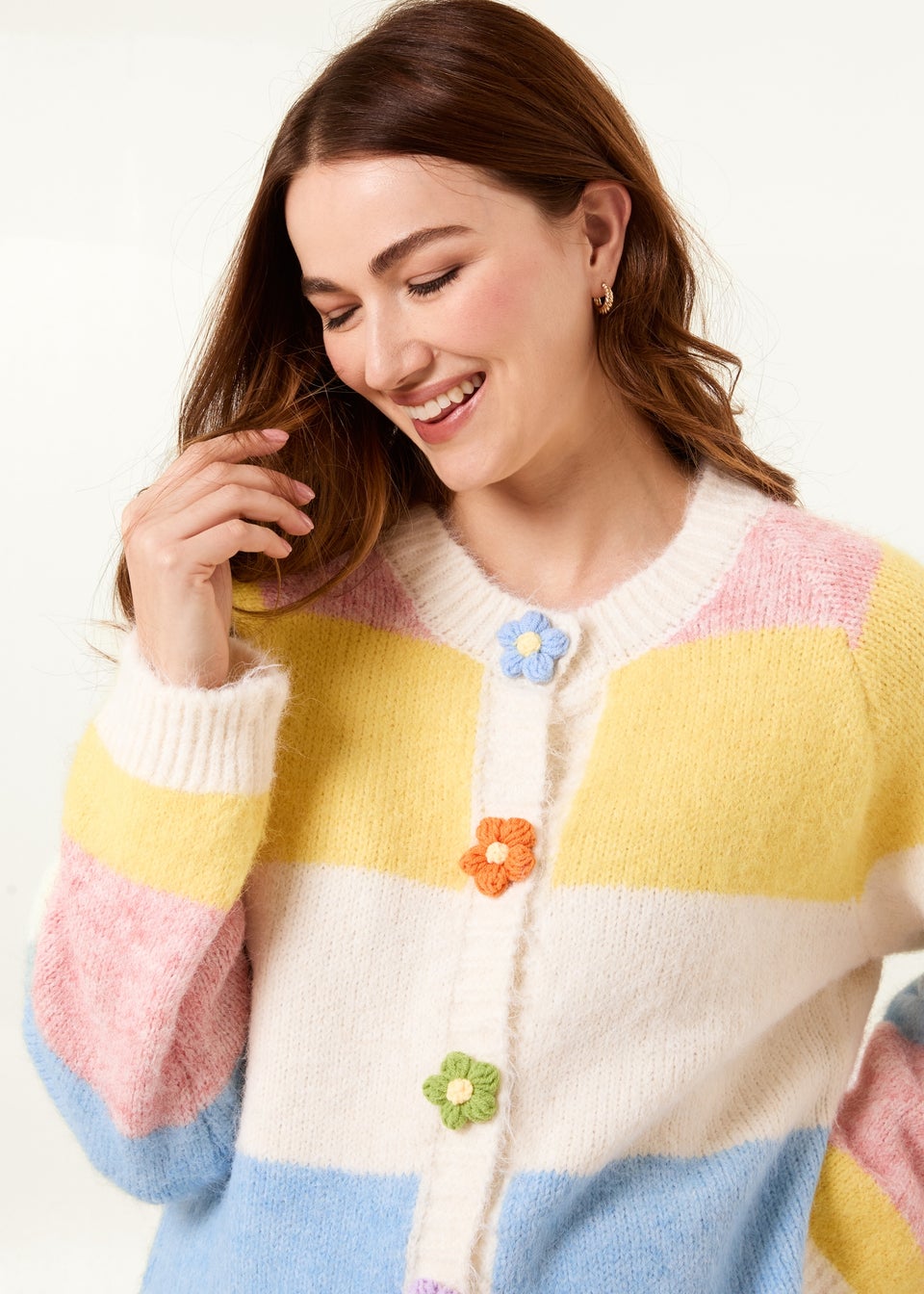 Blue Vanilla Multi Colourful Striped Cardigan With Flower Buttons