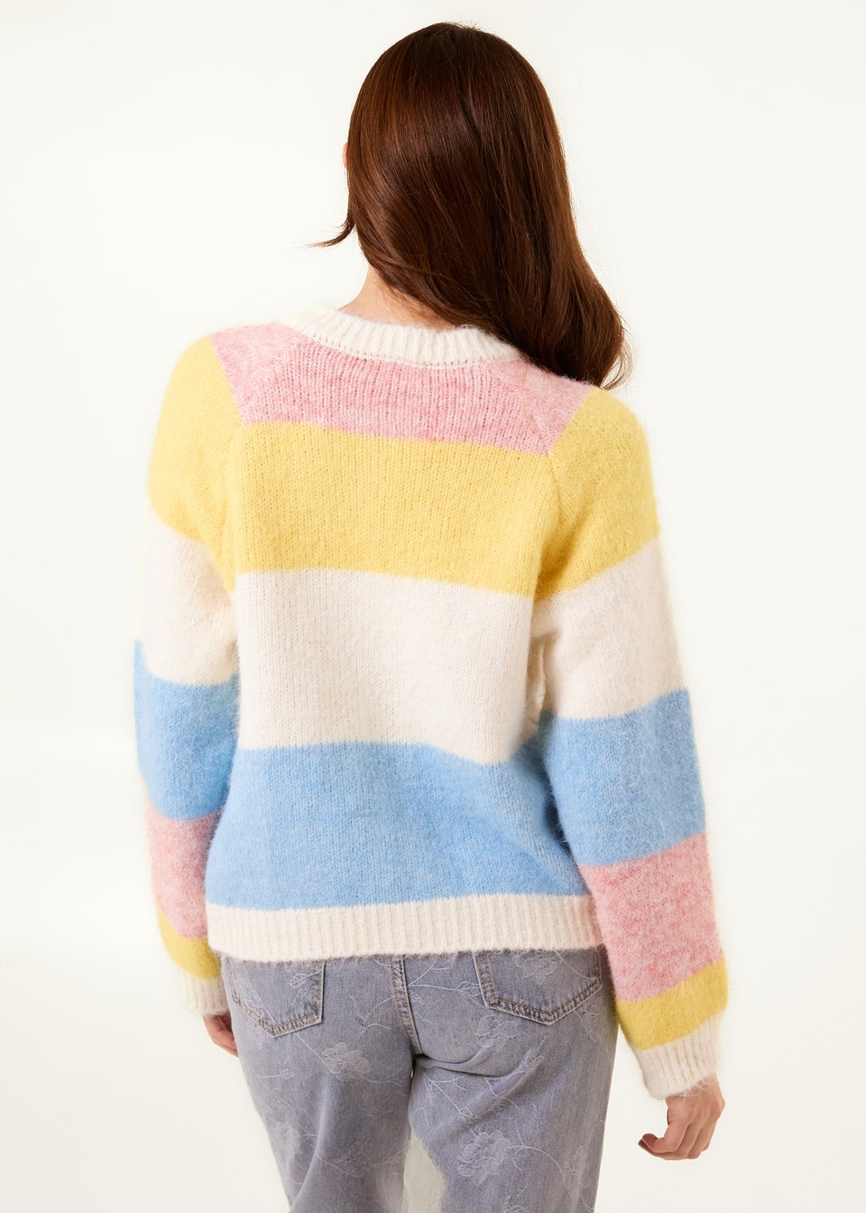 Blue Vanilla Multi Colourful Striped Cardigan With Flower Buttons
