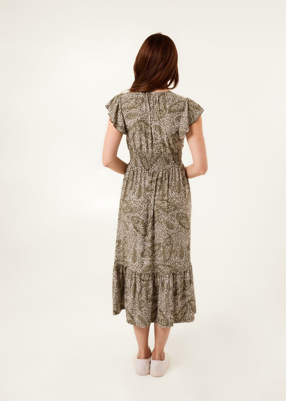 Blue Vanilla Khaki Frill Sleeve V Neck Button Front Midi Dress