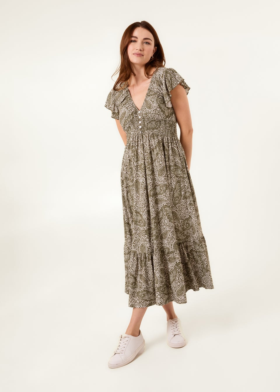 Blue Vanilla Khaki Frill Sleeve V Neck Button Front Midi Dress