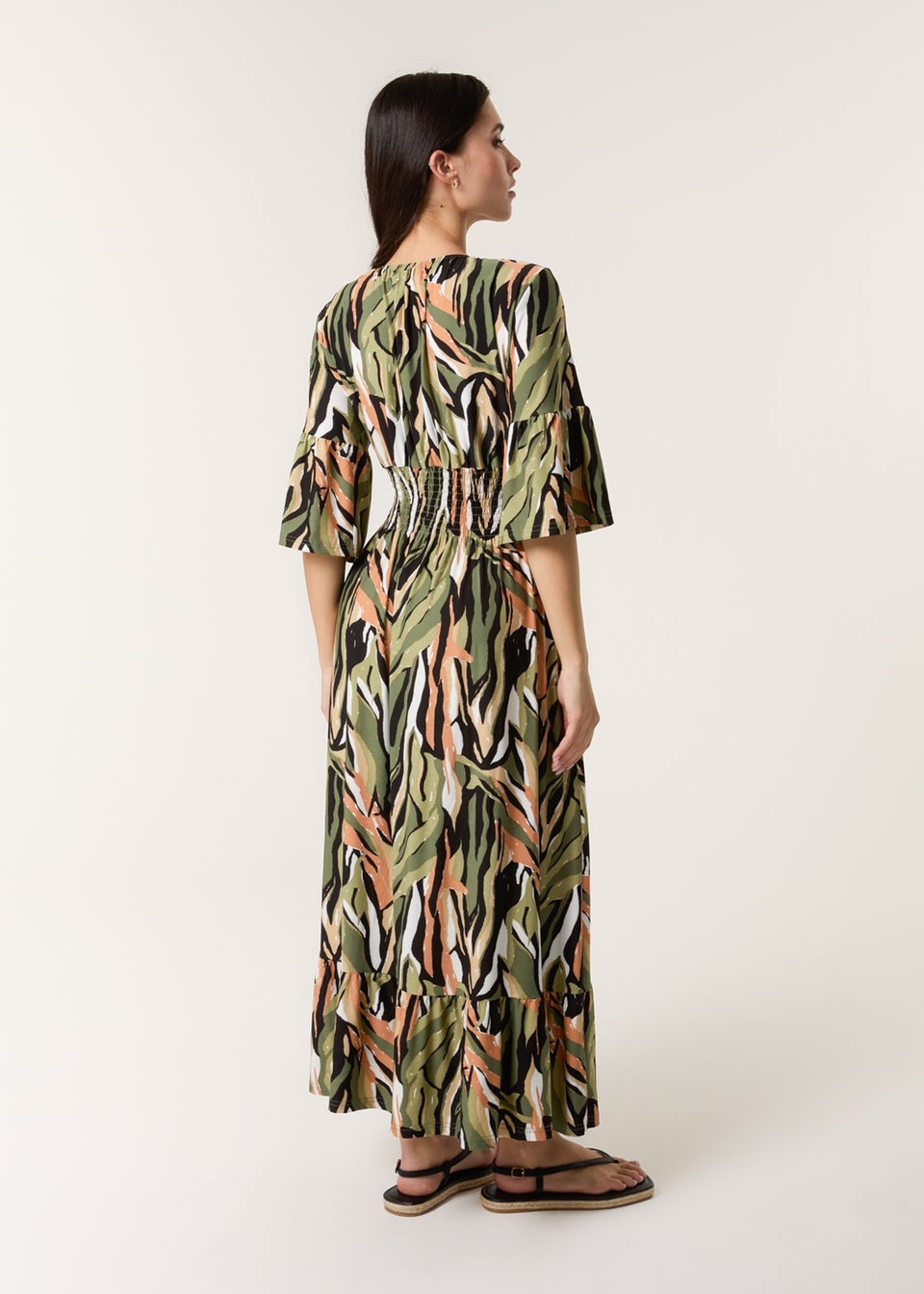 Blue Vanilla Khaki Tropical Print Elasticated Neck Shirred Waist Maxi Dress