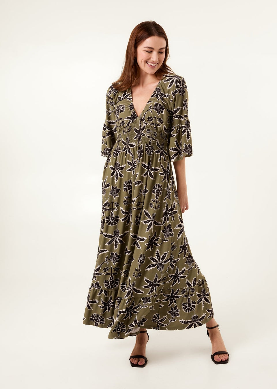 Blue Vanilla Khaki Tropical Print Elasticated Neck Shirred Waist Maxi Dress