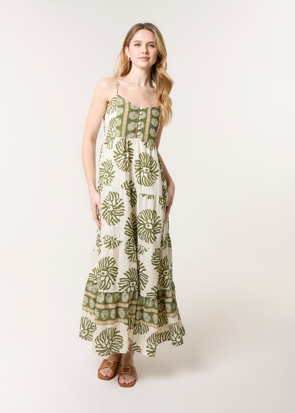 Blue Vanilla Khaki Abstract Strappy Button Front Maxi Dress