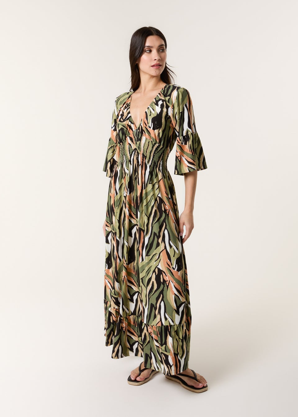 Blue Vanilla Khaki Elasticated Neck Shirred Waist Maxi Dress