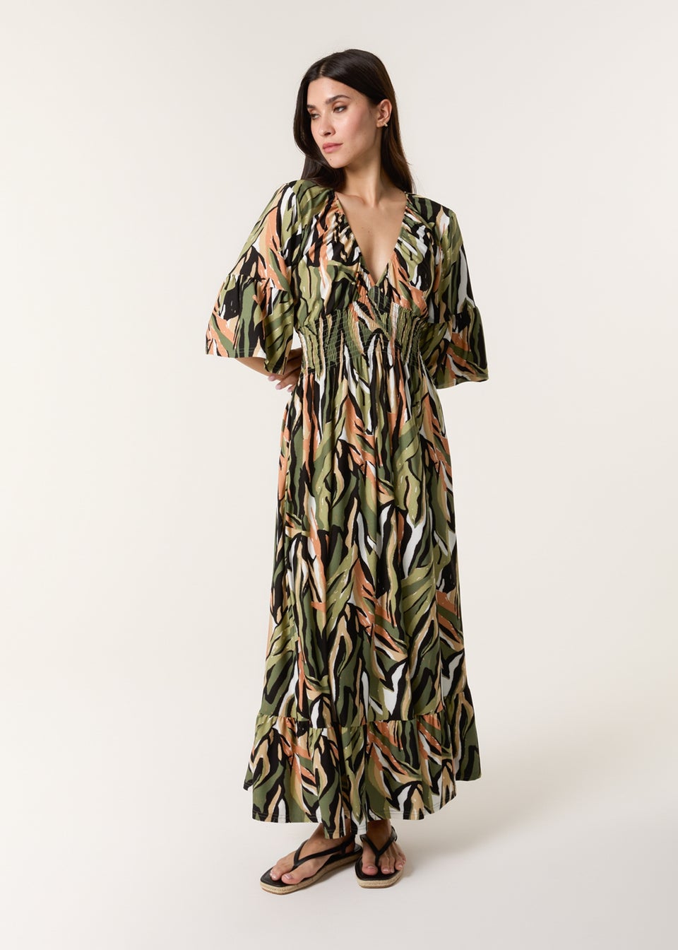 Blue Vanilla Khaki Elasticated Neck Shirred Waist Maxi Dress