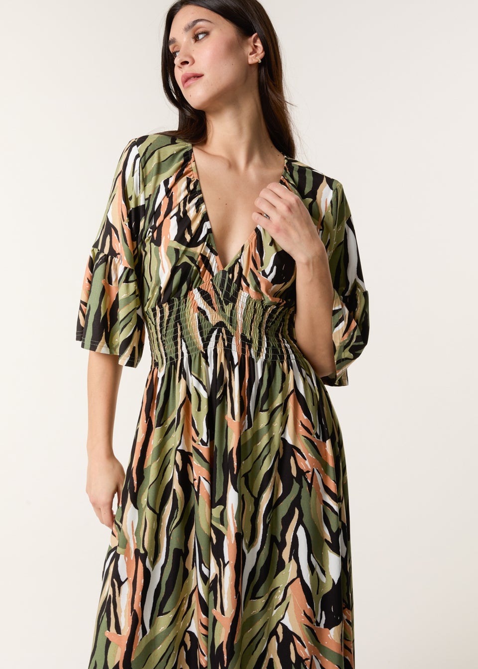 Blue Vanilla Khaki Elasticated Neck Shirred Waist Maxi Dress