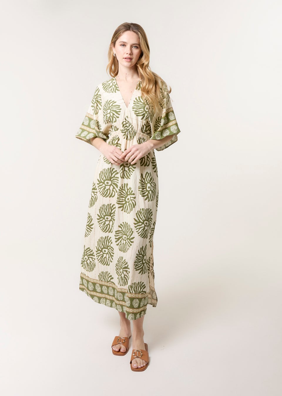 Blue Vanilla Khaki Elasticated V-Neck Dress