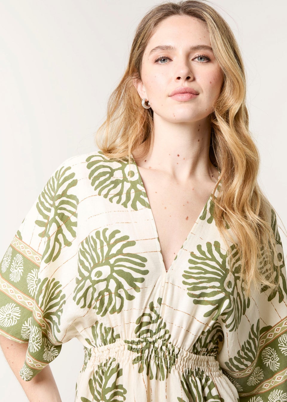 Blue Vanilla Khaki Elasticated V-Neck Dress