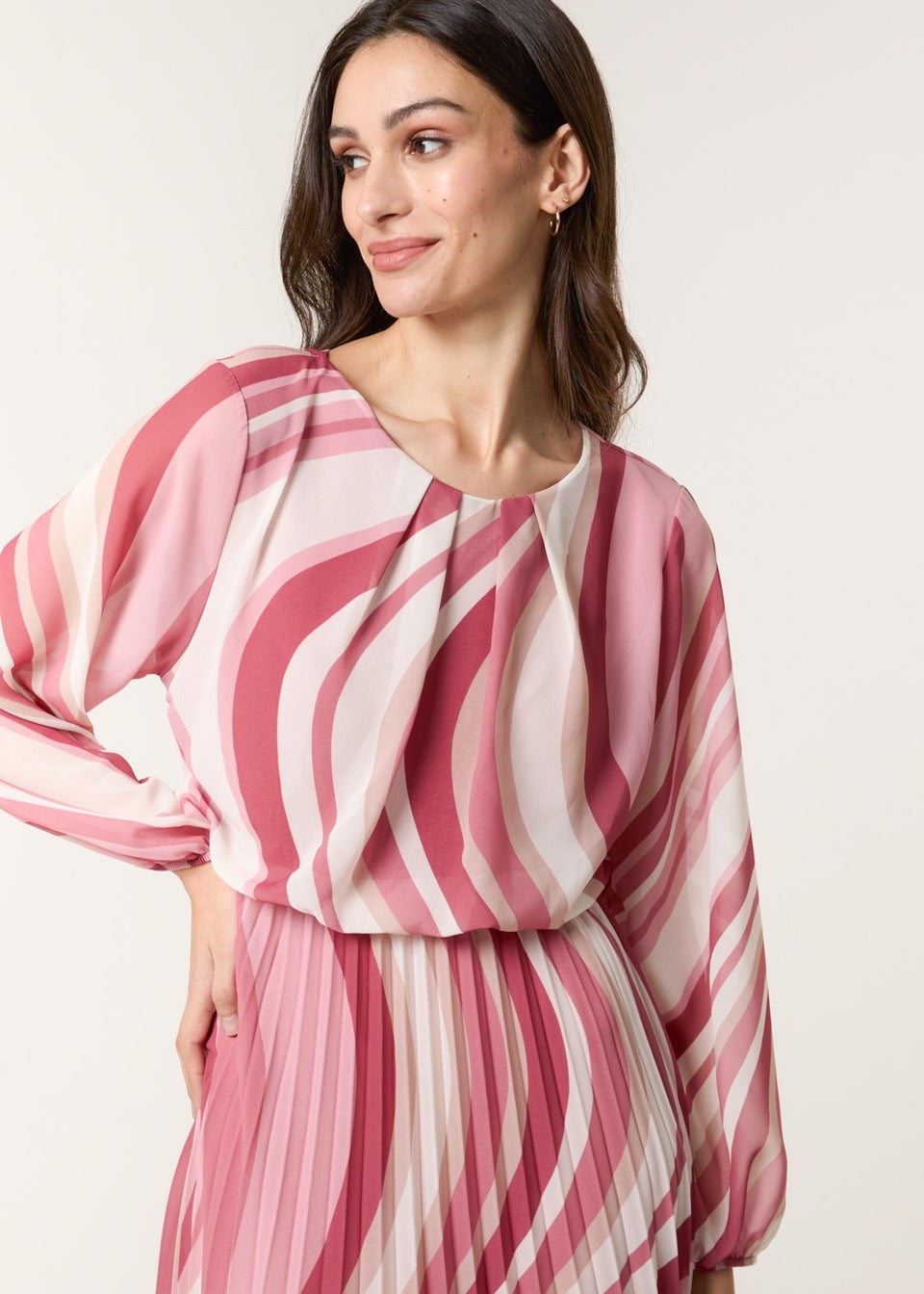 Blue Vanilla Pink Swirl Print Pleated Round Neck Dress