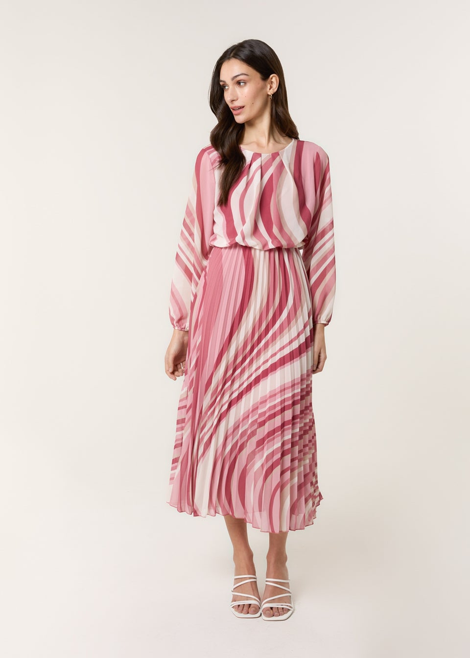 Blue Vanilla Pink Swirl Print Pleated Round Neck Dress