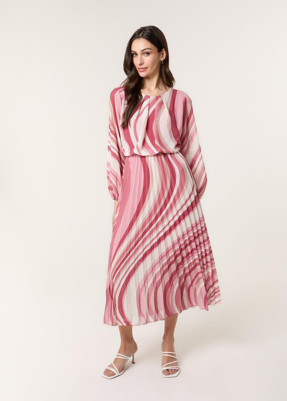 Blue Vanilla Pink Swirl Print Pleated Round Neck Dress