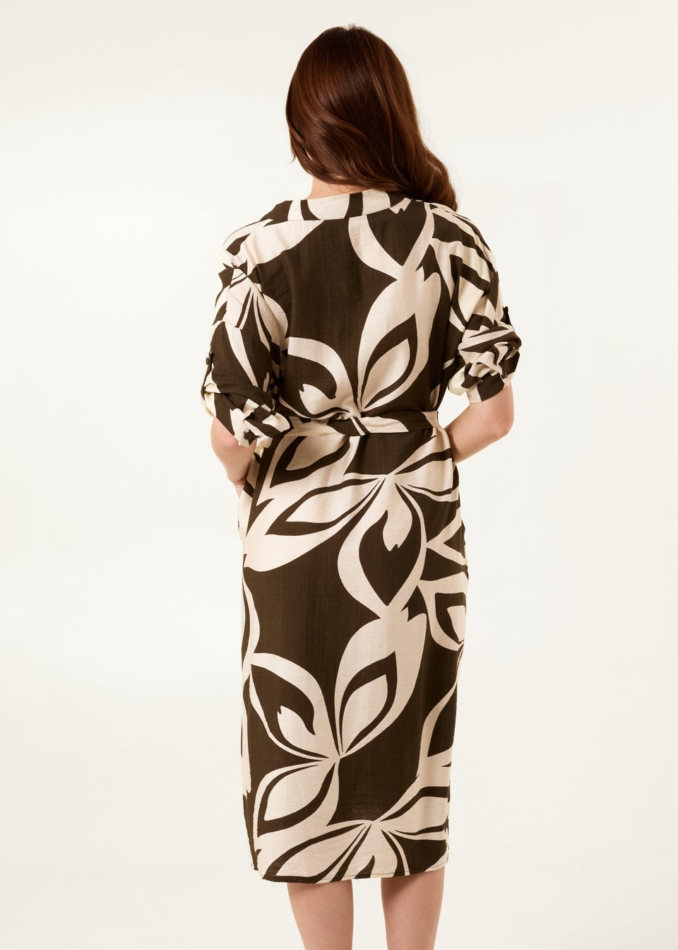 Blue Vanilla Khaki Abstract Print Collarless Shirt Dress