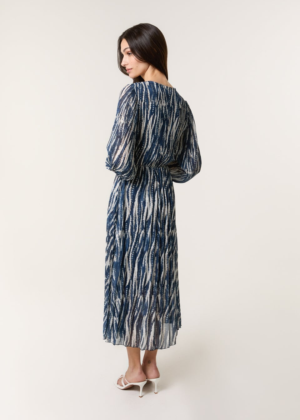 Blue Vanilla Navy Wave Print Pleated Wrap Front Dress