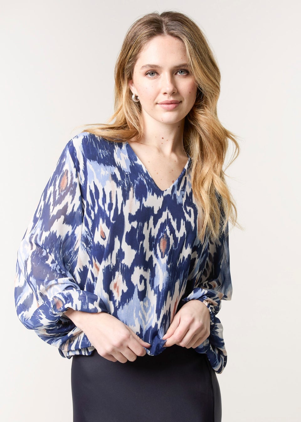 Blue Vanilla Navy V Neck Water Colour Print Blouse