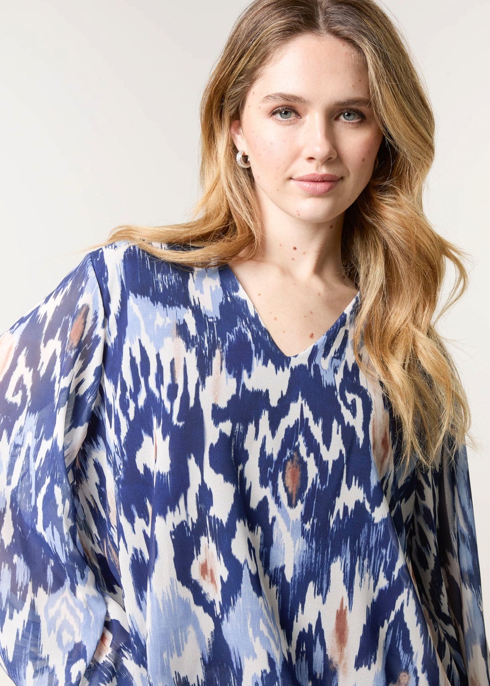 Blue Vanilla Navy V Neck Water Colour Print Blouse