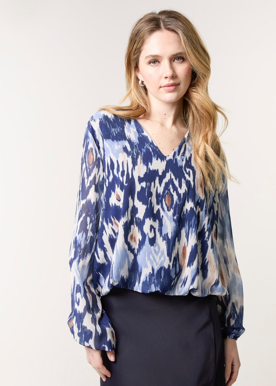 Blue Vanilla Navy V Neck Water Colour Print Blouse