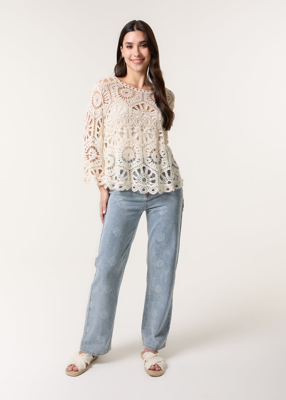 Blue Vanilla Stone Crochet Top With Flared Sleeves