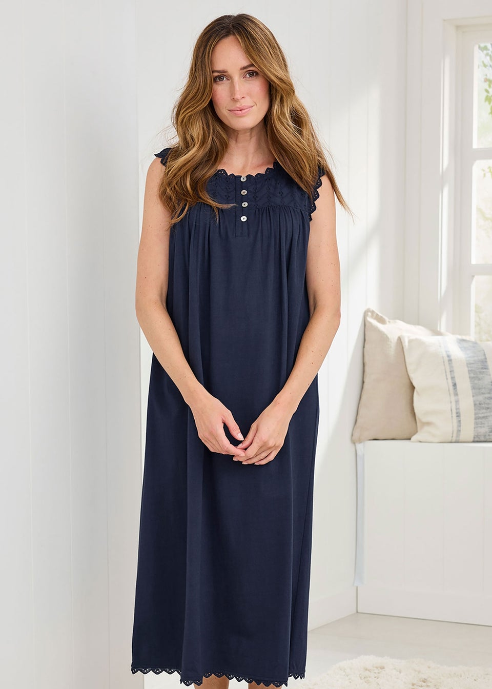 Cotton Traders Navy Sleeveless Broderie Nightdress
