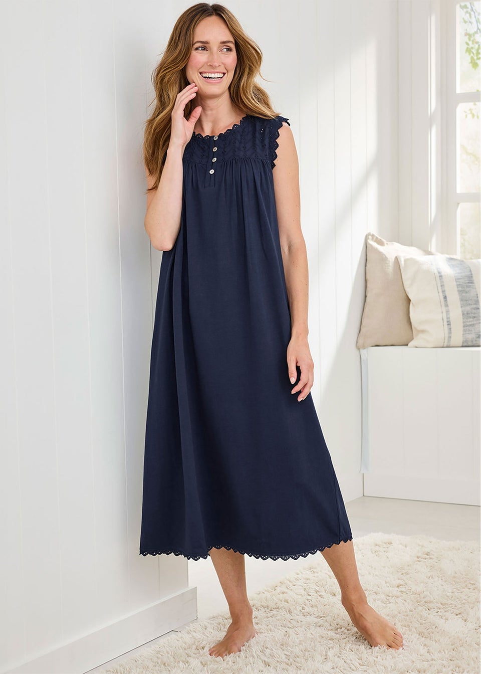 Cotton Traders Navy Sleeveless Broderie Nightdress