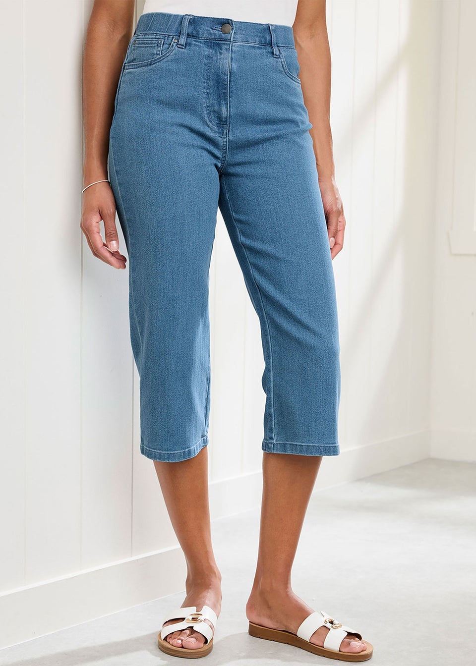 Cotton Traders Washed Blue Stretch Crop Denim Trousers
