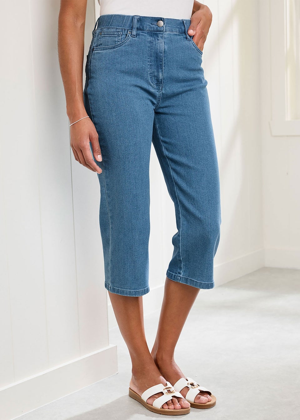 Cotton Traders Washed Blue Stretch Crop Denim Trousers