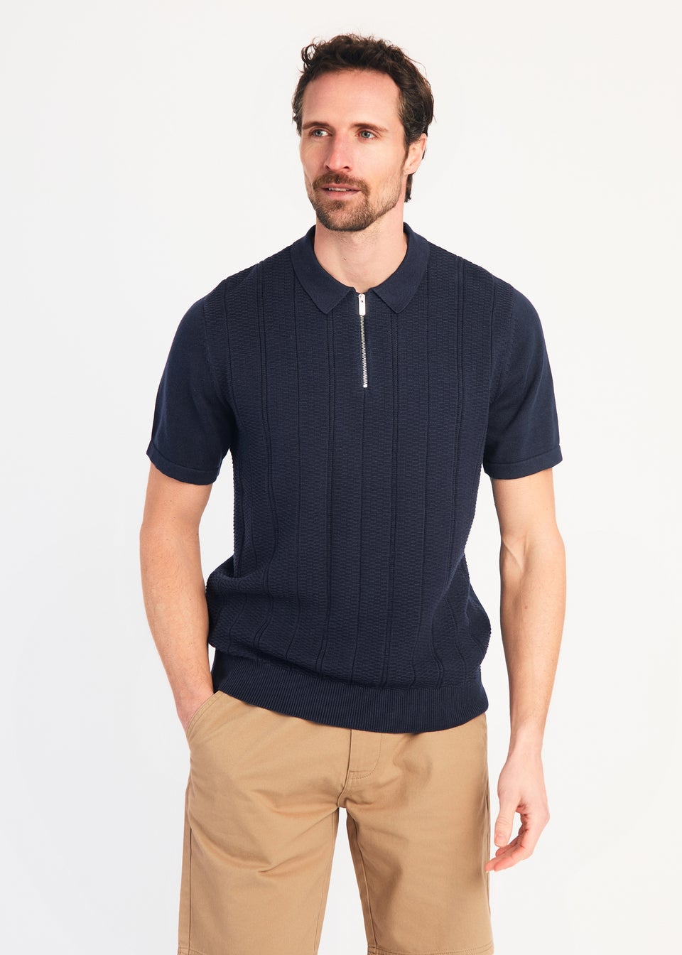 Kensington Eastside Navy Cotton Short Sleeve Zip Neck Polo Shirt
