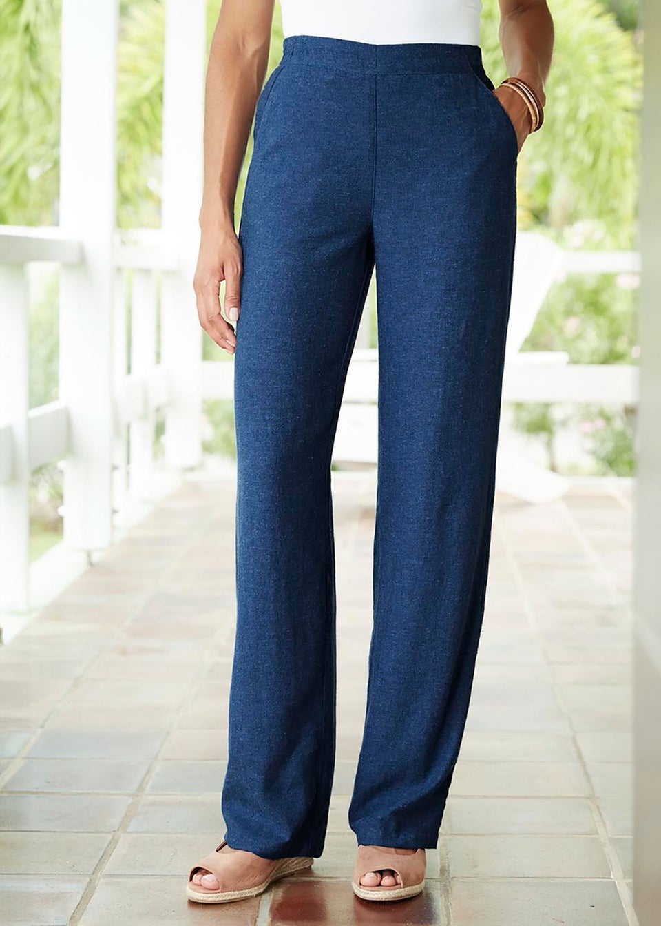 Cotton Traders Blue Dusk Linen-Blend Straight Leg Trousers