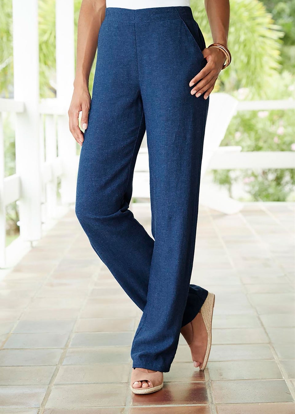Cotton Traders Blue Dusk Linen-Blend Straight Leg Trousers