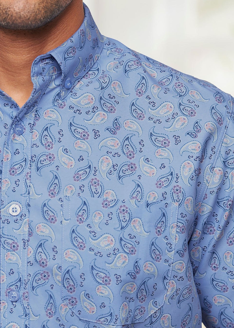 Cotton Traders Powder Blue Short Sleeve Easy-Iron Print Shirt
