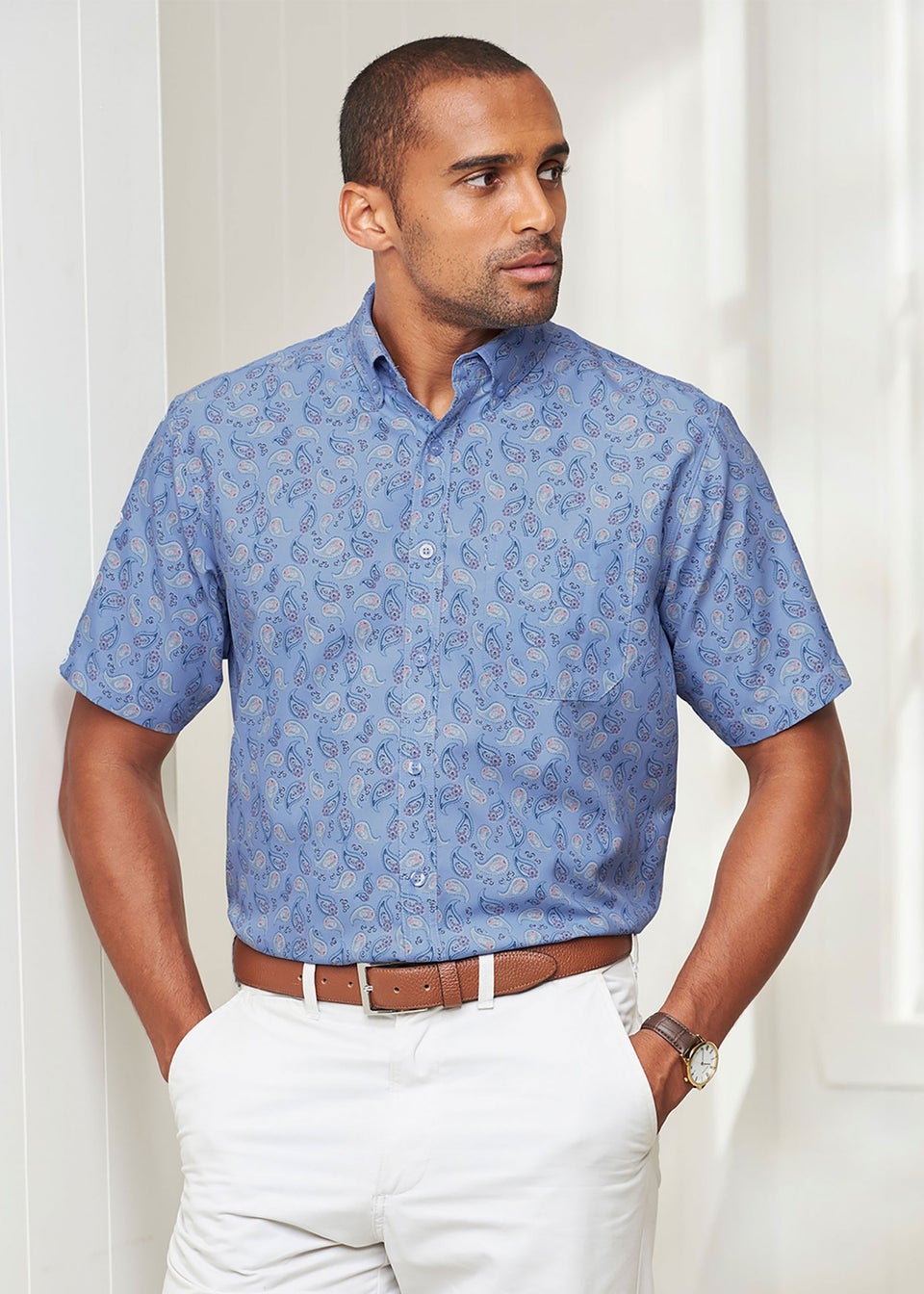 Cotton Traders Powder Blue Short Sleeve Easy-Iron Print Shirt
