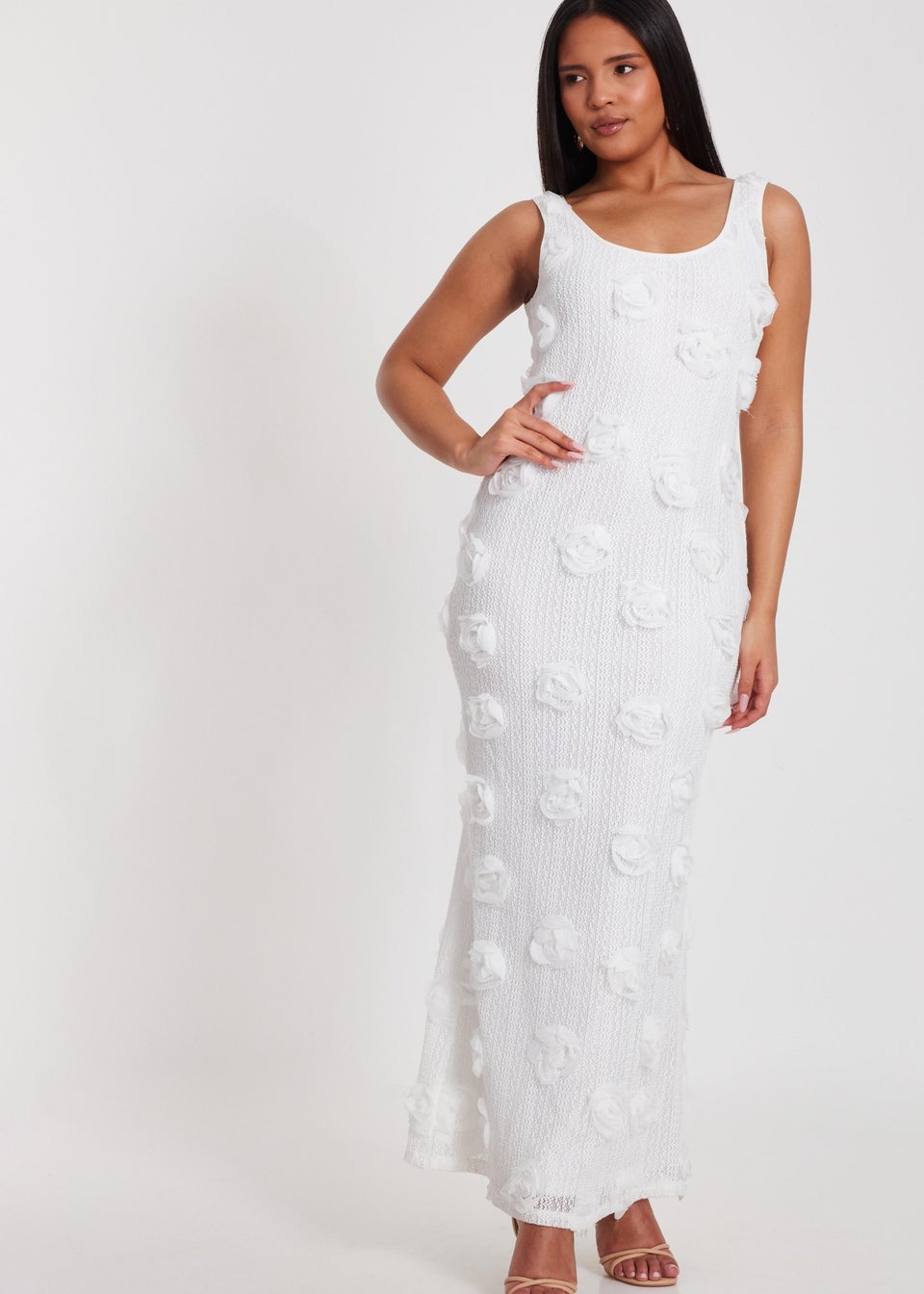 Quiz White Knitted Floral Midaxi Dress