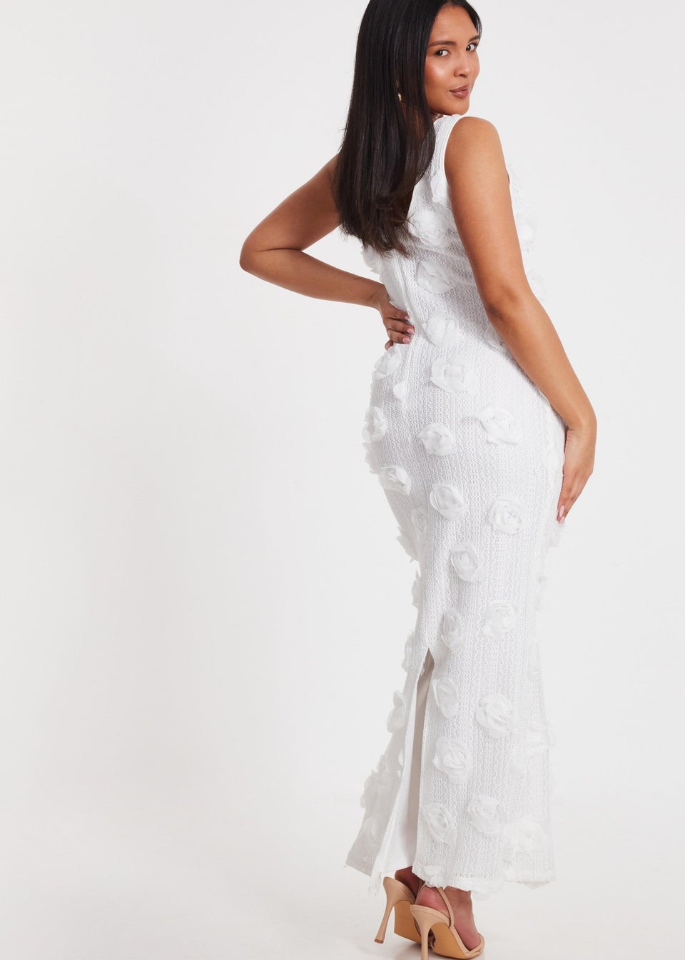 Quiz White Knitted Floral Midaxi Dress