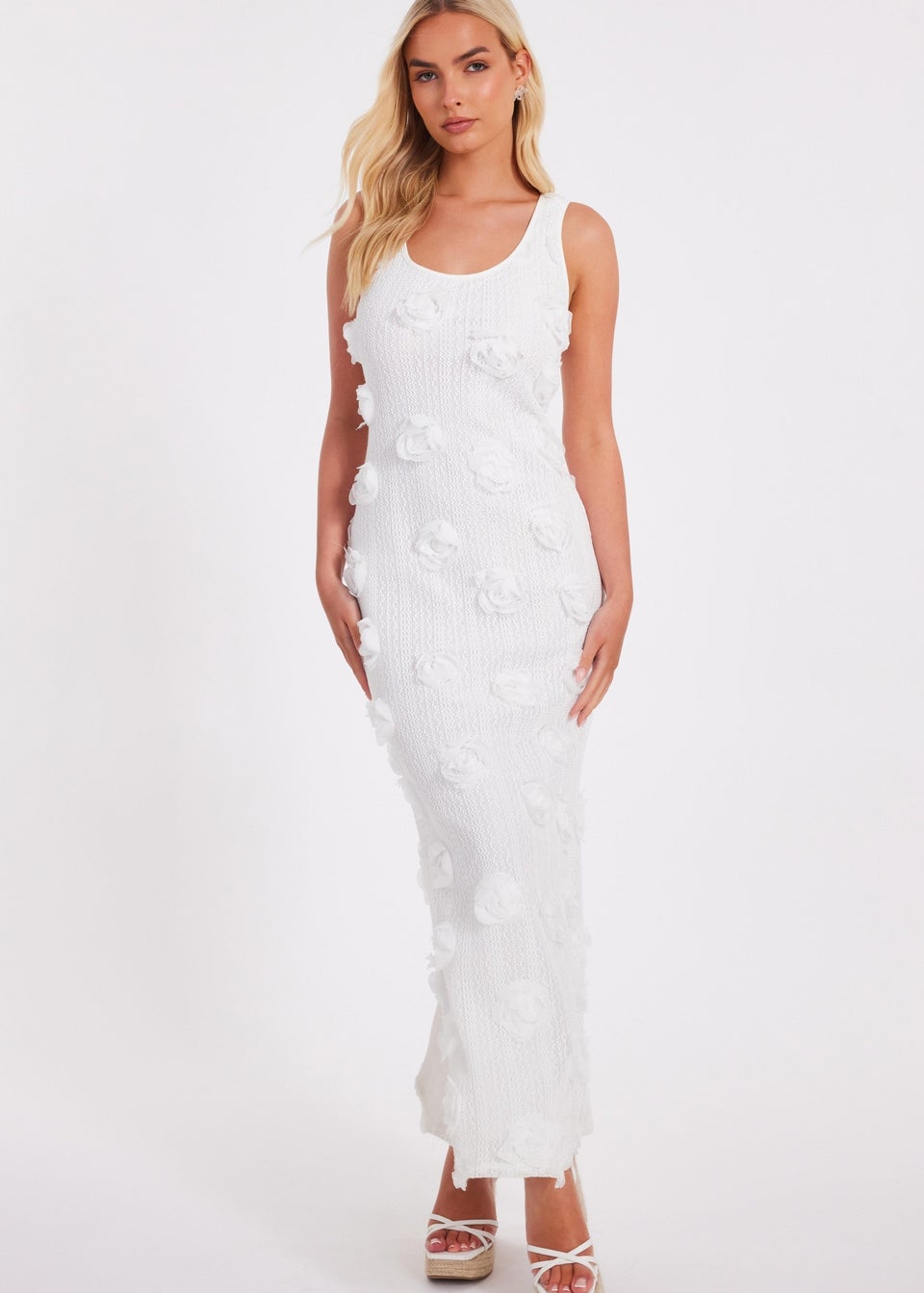 Quiz White Knitted Floral Midaxi Dress