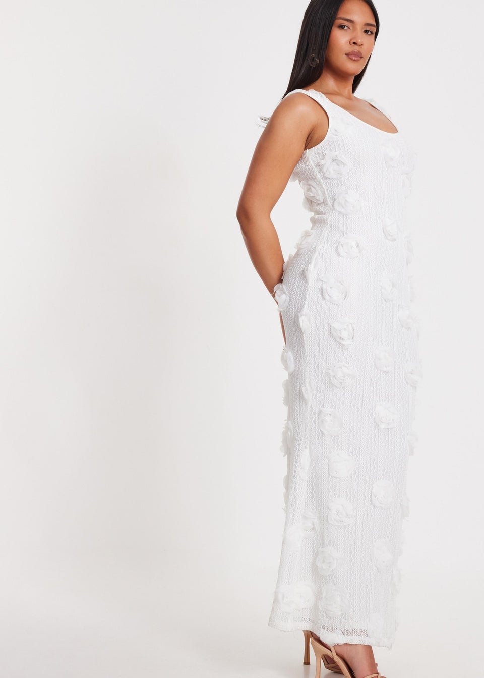 Quiz White Knitted Floral Midaxi Dress