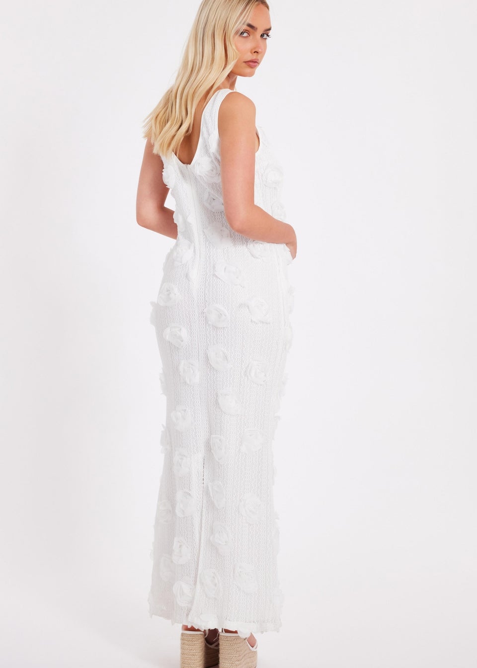 Quiz White Knitted Floral Midaxi Dress