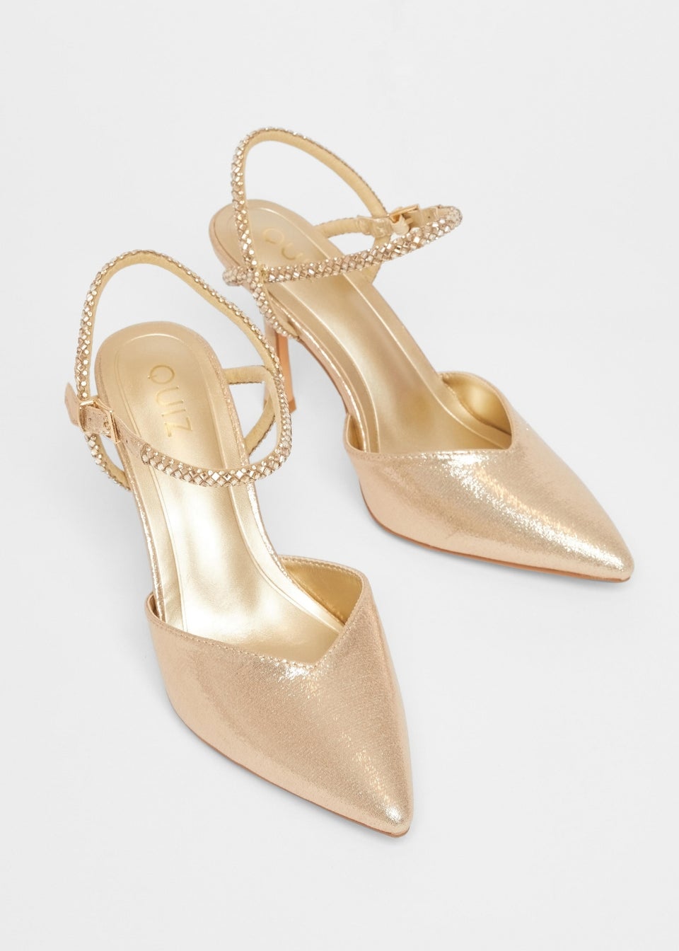 Quiz Gold Diamante Strap Court Heels