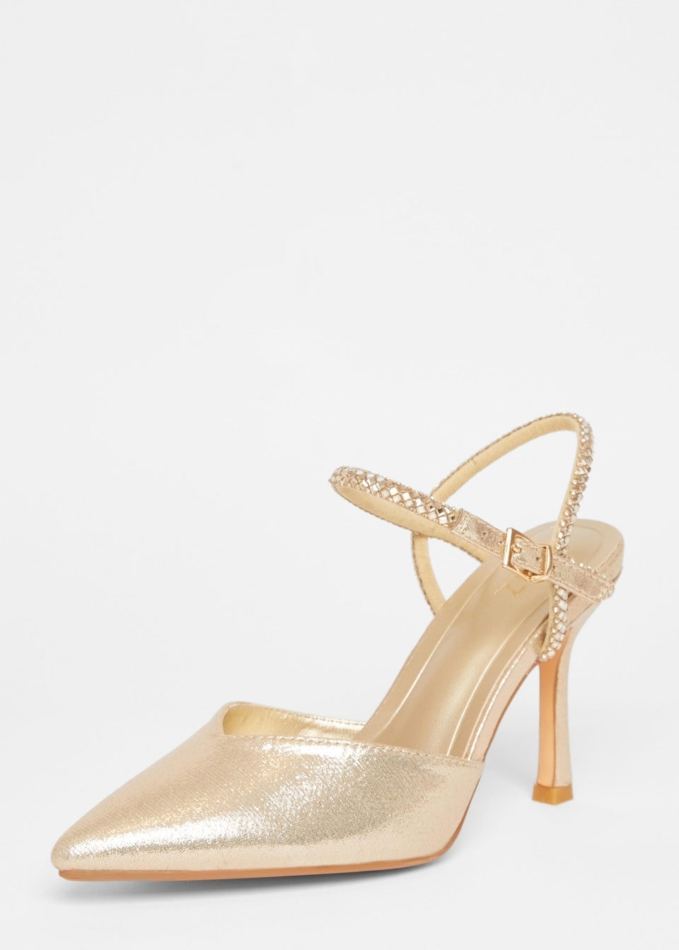 Quiz Gold Diamante Strap Court Heels