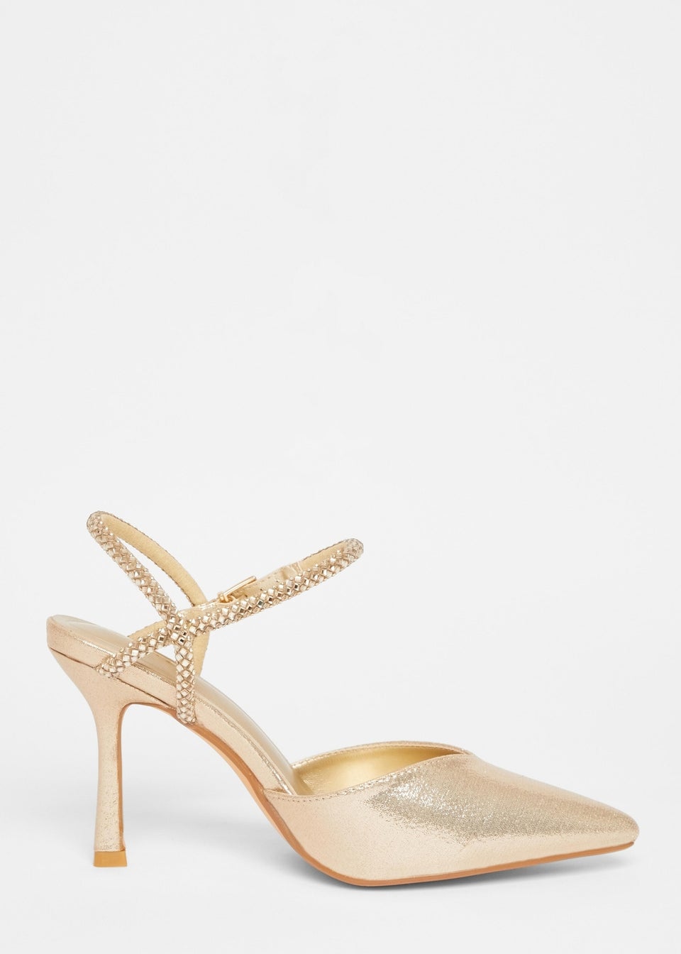 Quiz Gold Diamante Strap Court Heels