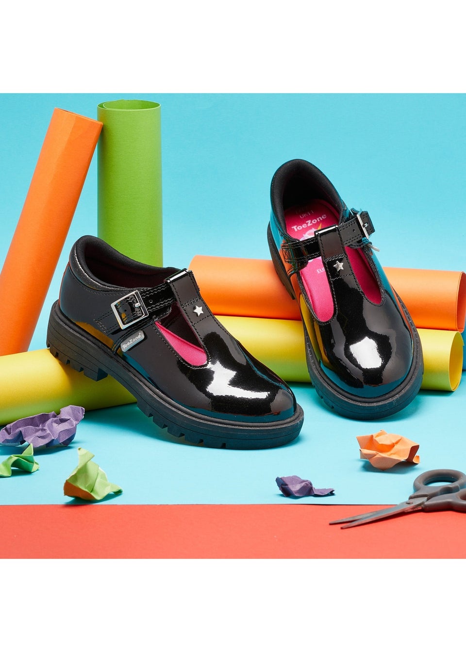 ToeZone Girls Black Olivia Patent Star Buckle School Shoe