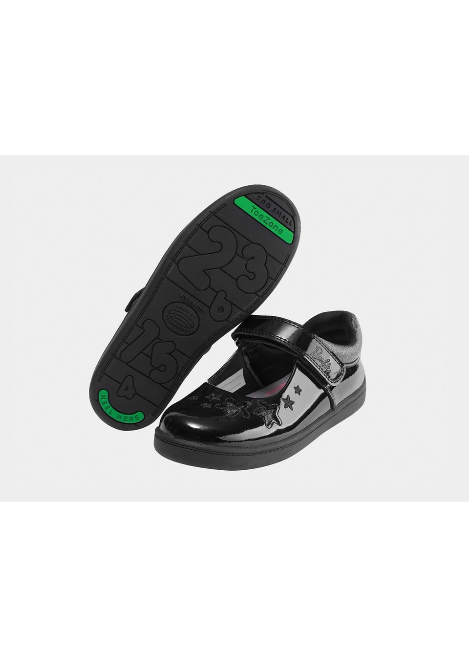 ToeZone Girls Black Barbie Patent Rip Tape School Shoe