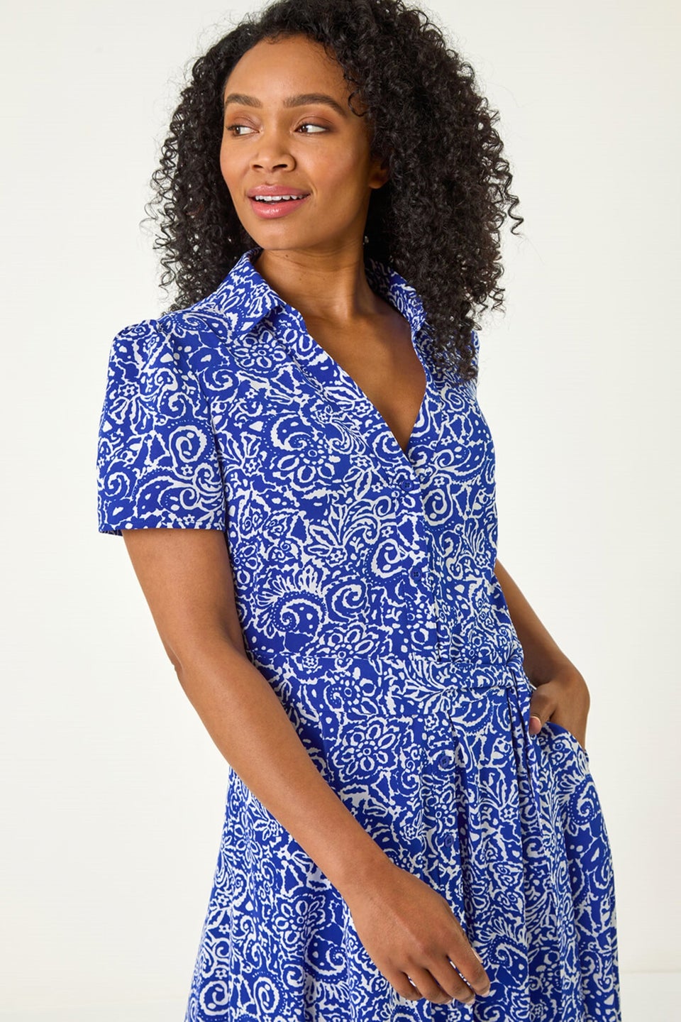 Roman Royal Blue Petite Abstract Print Button Shirt Dress