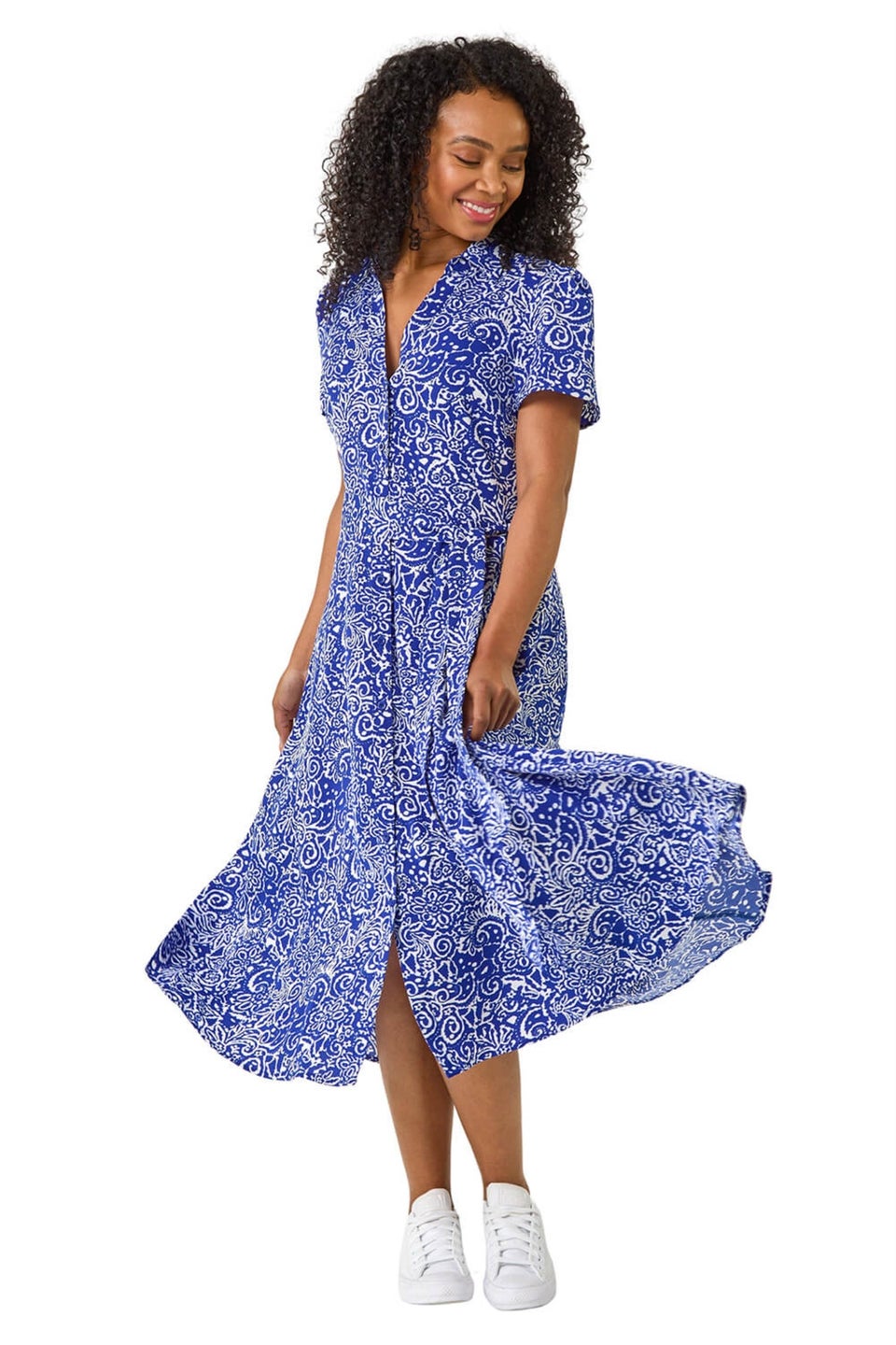 Roman Royal Blue Petite Abstract Print Button Shirt Dress