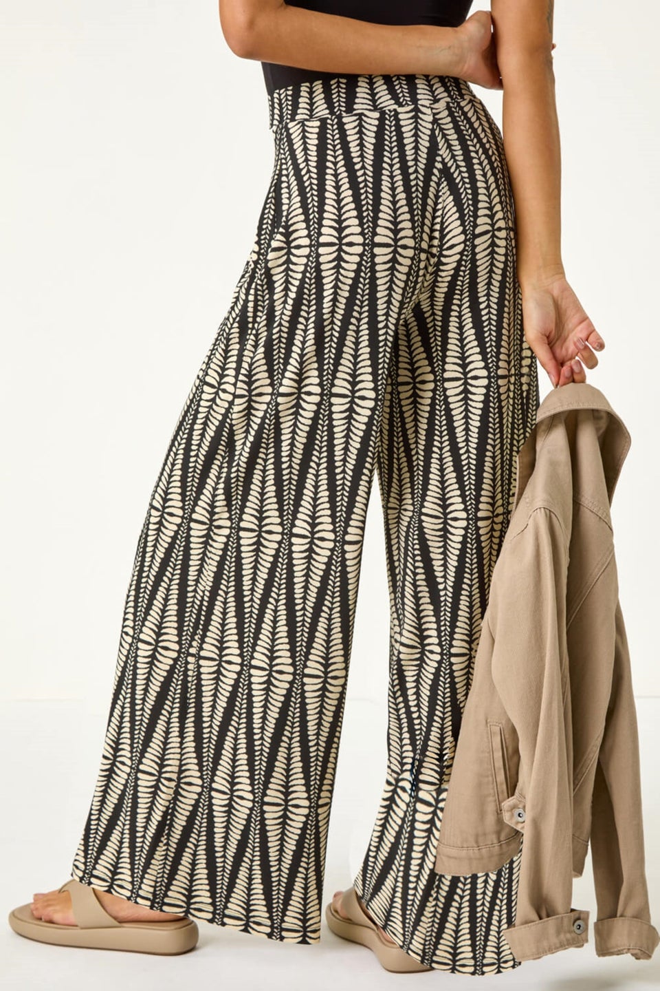 Roman Black Mono Print Wide Leg Stretch Trouser