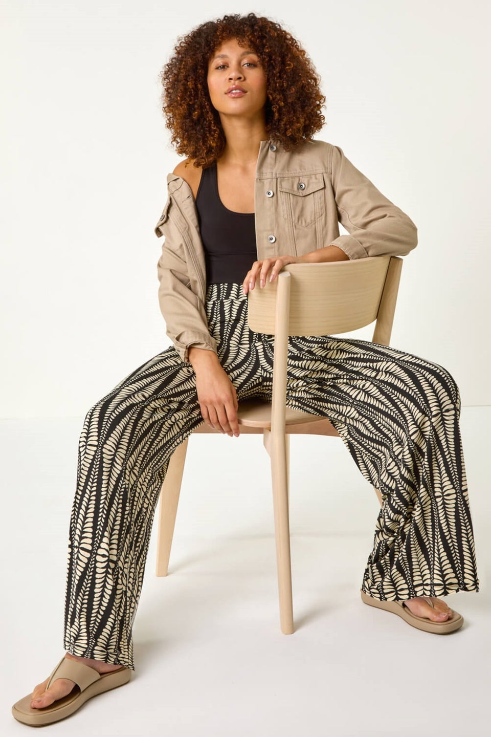 Roman Black Mono Print Wide Leg Stretch Trouser