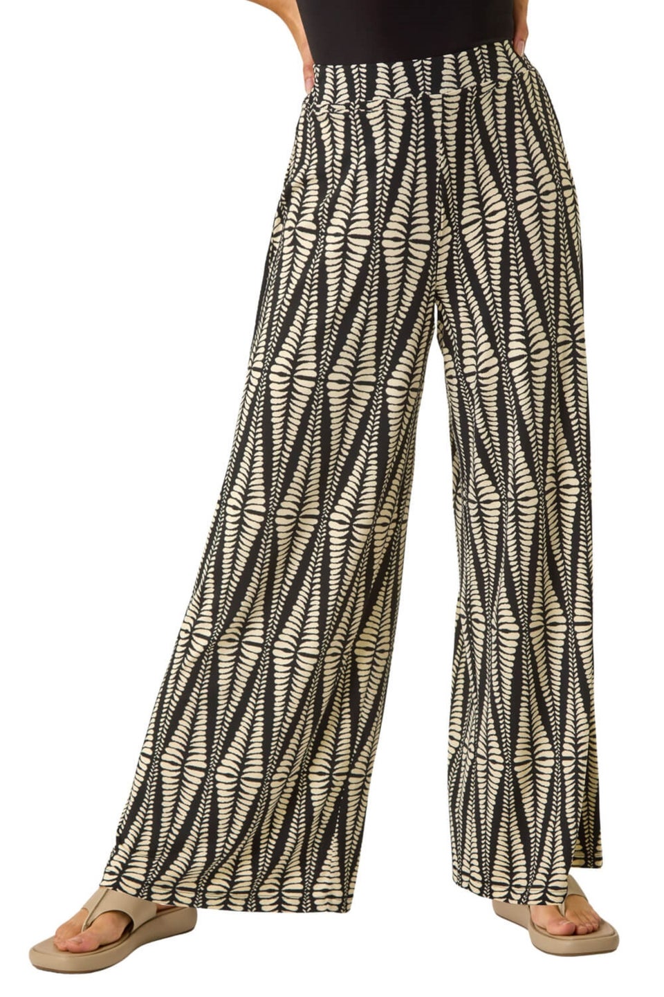 Roman Black Mono Print Wide Leg Stretch Trouser
