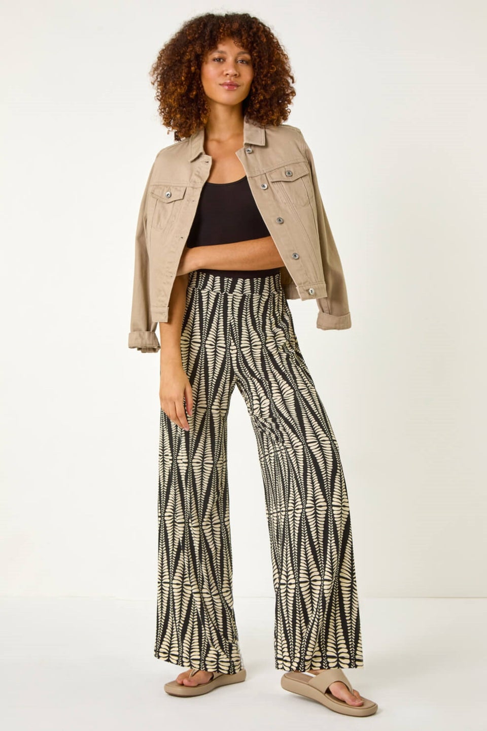 Roman Black Mono Print Wide Leg Stretch Trouser