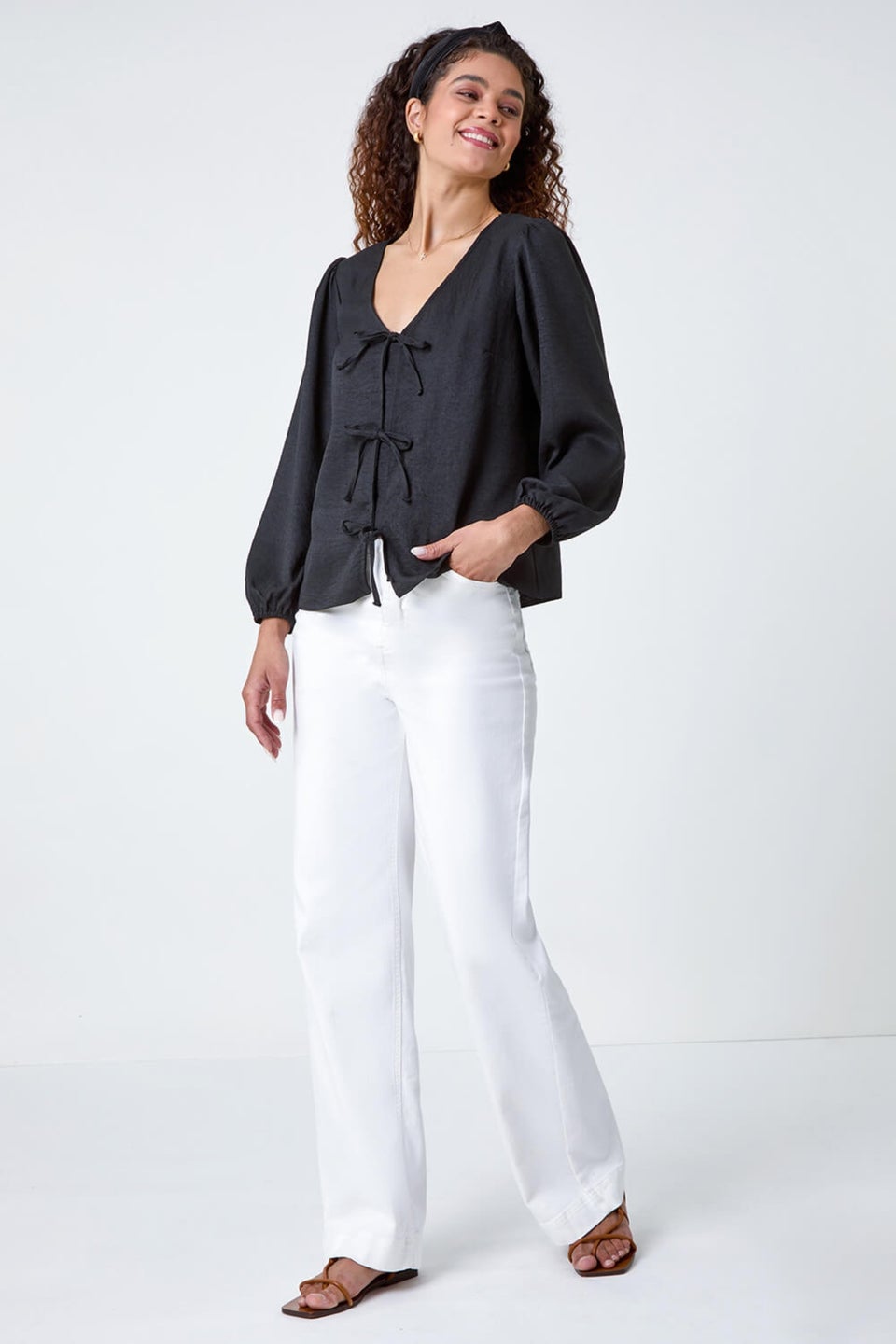 Roman Black Tie Front Woven Top